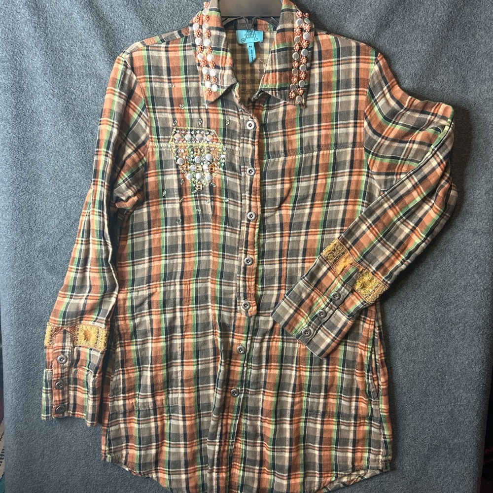 Faith orange green pearl ribbon sequin rhinestone Embellished plaid casual shirt